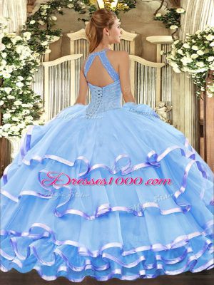 Floor Length Lilac Sweet 16 Dresses Organza Sleeveless Beading and Ruffled Layers