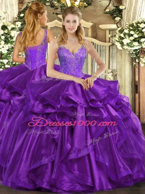 Suitable Ball Gowns 15th Birthday Dress Eggplant Purple Straps Organza Sleeveless Floor Length Lace Up