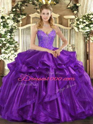 Suitable Ball Gowns 15th Birthday Dress Eggplant Purple Straps Organza Sleeveless Floor Length Lace Up