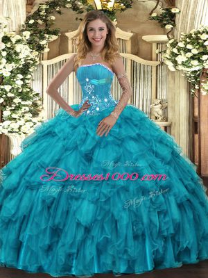 Attractive Teal Strapless Neckline Beading and Ruffles Sweet 16 Dresses Sleeveless Lace Up
