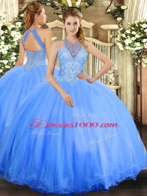 Beading 15th Birthday Dress Blue Lace Up Sleeveless Floor Length