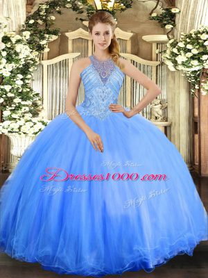 Beading 15th Birthday Dress Blue Lace Up Sleeveless Floor Length