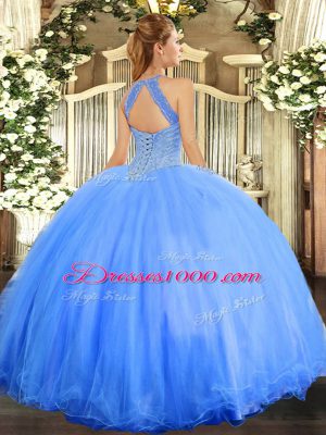 Beading 15th Birthday Dress Blue Lace Up Sleeveless Floor Length