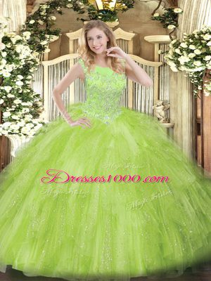 Sleeveless Floor Length Beading and Ruffles Zipper Quinceanera Dresses with Yellow Green