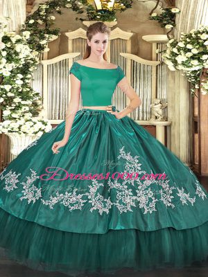 Teal Short Sleeves Floor Length Embroidery Zipper Quince Ball Gowns