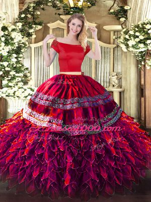 Most Popular Fuchsia Off The Shoulder Zipper Embroidery and Ruffles Ball Gown Prom Dress Short Sleeves