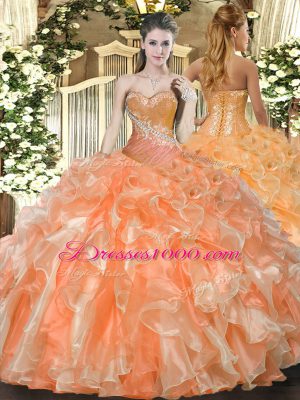 Nice Floor Length Lace Up 15th Birthday Dress Orange Red for Military Ball and Sweet 16 and Quinceanera with Beading and Ruffles