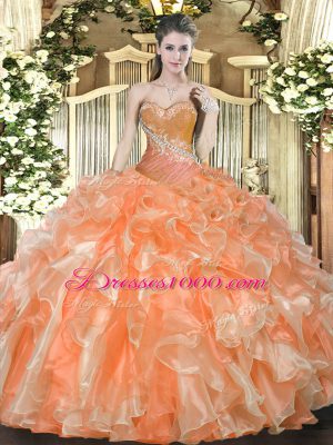 Nice Floor Length Lace Up 15th Birthday Dress Orange Red for Military Ball and Sweet 16 and Quinceanera with Beading and Ruffles