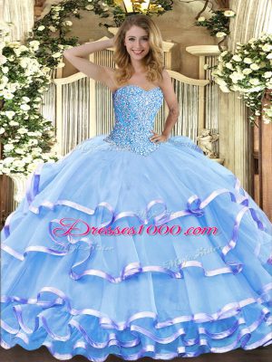 Aqua Blue Sweetheart Lace Up Beading and Ruffled Layers Quinceanera Gown Sleeveless