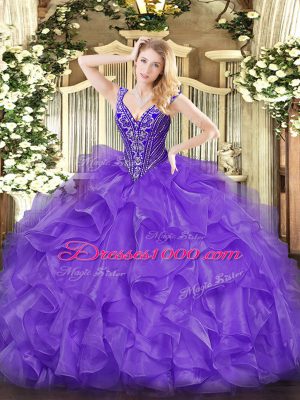 Ideal Sleeveless Organza Floor Length Lace Up Quince Ball Gowns in Lavender with Beading and Ruffles