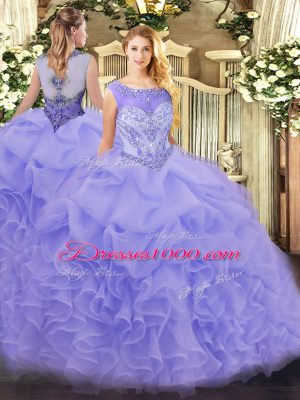High Quality Sleeveless Beading and Ruffles Zipper Quince Ball Gowns with Lavender