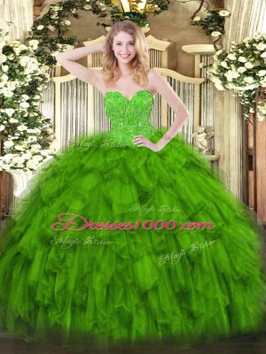Exceptional Floor Length Lace Up Quinceanera Dress Green for Military Ball and Sweet 16 and Quinceanera with Beading and Ruffles