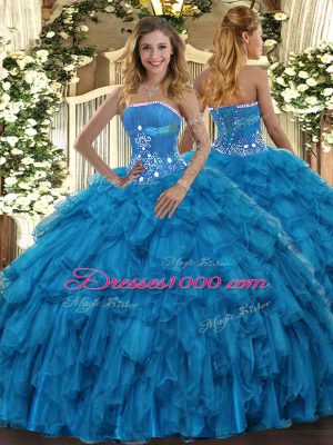 Cheap Baby Blue Ball Gowns Beading and Ruffles Sweet 16 Quinceanera Dress Lace Up Organza Sleeveless Floor Length