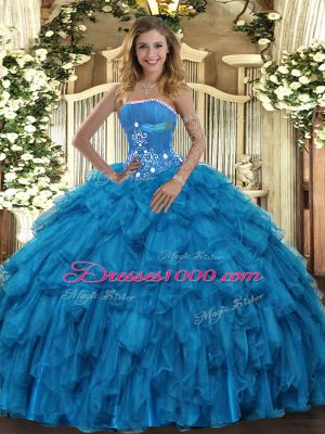 Cheap Baby Blue Ball Gowns Beading and Ruffles Sweet 16 Quinceanera Dress Lace Up Organza Sleeveless Floor Length
