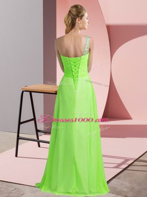 Latest Yellow Empire Chiffon One Shoulder Sleeveless Beading Floor Length Lace Up Prom Party Dress