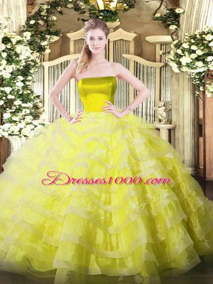 Strapless Sleeveless Zipper Ball Gown Prom Dress Yellow Tulle