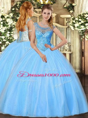 Baby Blue Sleeveless Beading Floor Length Sweet 16 Dress