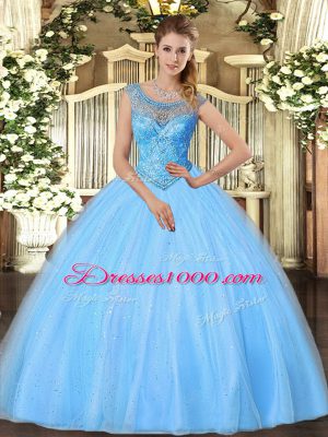 Baby Blue Sleeveless Beading Floor Length Sweet 16 Dress