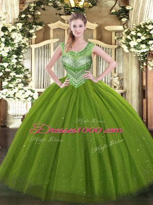 Great Tulle and Sequined Scoop Sleeveless Lace Up Beading Quinceanera Gowns in Olive Green