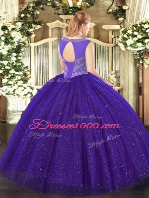 Great Tulle and Sequined Scoop Sleeveless Lace Up Beading Quinceanera Gowns in Olive Green