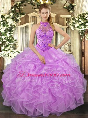 Sleeveless Lace Up Floor Length Beading and Ruffles Ball Gown Prom Dress