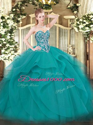 Teal Sleeveless Floor Length Beading and Ruffles Lace Up Quince Ball Gowns