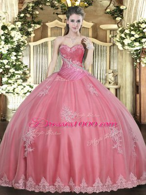 Romantic Watermelon Red Ball Gowns Beading and Appliques Quinceanera Dress Lace Up Tulle Sleeveless Floor Length