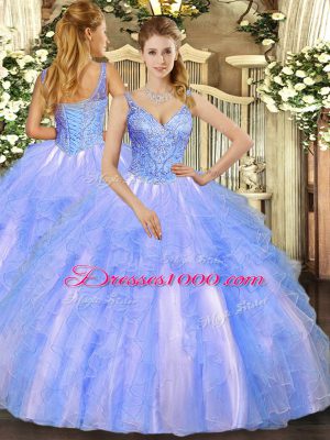 Blue Ball Gowns Tulle V-neck Sleeveless Beading and Ruffles Floor Length Lace Up Sweet 16 Quinceanera Dress