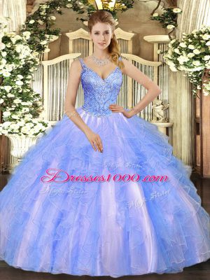 Blue Ball Gowns Tulle V-neck Sleeveless Beading and Ruffles Floor Length Lace Up Sweet 16 Quinceanera Dress