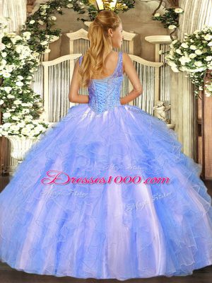 Blue Ball Gowns Tulle V-neck Sleeveless Beading and Ruffles Floor Length Lace Up Sweet 16 Quinceanera Dress