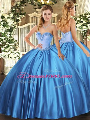 Luxury Satin Sweetheart Sleeveless Lace Up Beading Ball Gown Prom Dress in Baby Blue