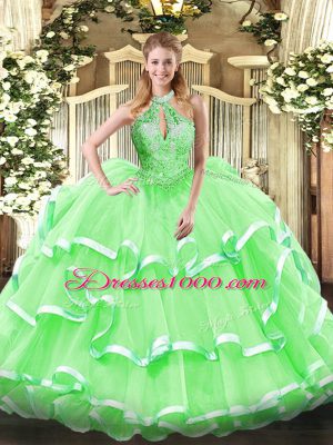 Ball Gowns Organza Halter Top Sleeveless Beading and Ruffles Floor Length Lace Up Vestidos de Quinceanera