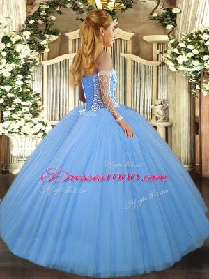 Fabulous Floor Length Lace Up Sweet 16 Dresses Blue for Military Ball and Sweet 16 and Quinceanera with Beading