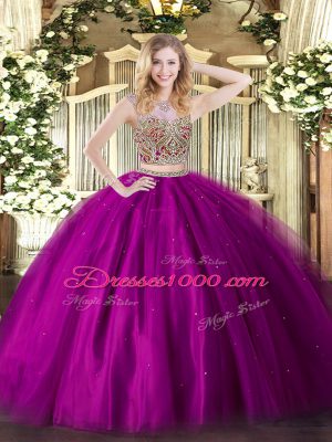 Captivating Tulle Scoop Sleeveless Lace Up Beading Sweet 16 Quinceanera Dress in Fuchsia