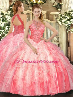 Dynamic Organza High-neck Sleeveless Lace Up Beading and Ruffles Sweet 16 Dresses in Watermelon Red