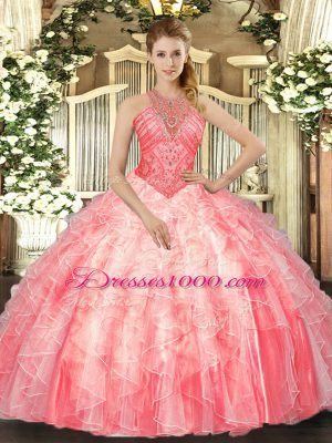 Dynamic Organza High-neck Sleeveless Lace Up Beading and Ruffles Sweet 16 Dresses in Watermelon Red