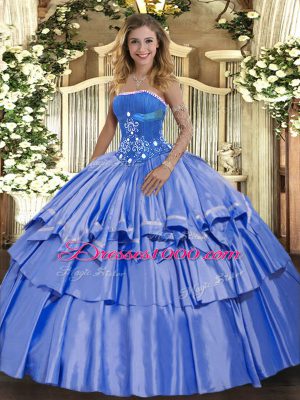 Strapless Sleeveless Lace Up 15 Quinceanera Dress Blue Organza and Taffeta