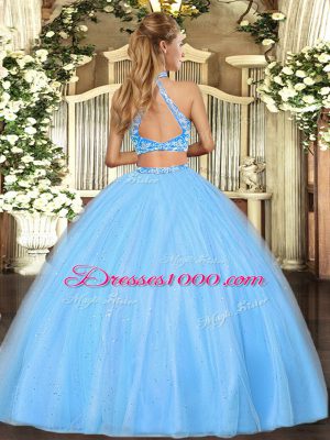 Luxury Hot Pink Tulle Criss Cross Halter Top Sleeveless Floor Length Quinceanera Dress Beading