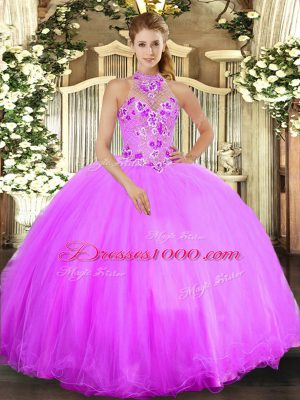 Lilac Tulle Lace Up Quinceanera Gown Sleeveless Floor Length Beading and Embroidery