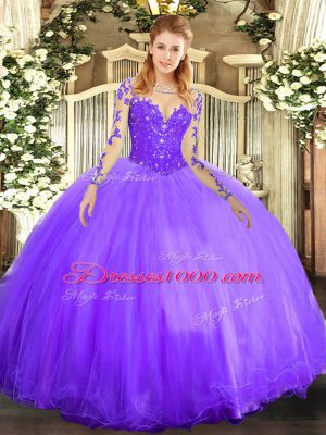 Unique Lavender Long Sleeves Lace Floor Length Quinceanera Gowns