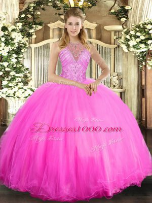 Rose Pink Lace Up Sweet 16 Dress Beading Sleeveless Floor Length