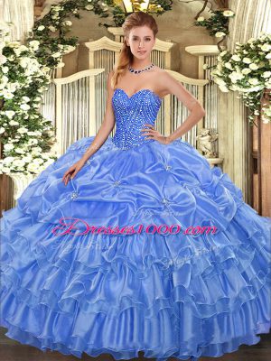Modest Sweetheart Sleeveless Organza Sweet 16 Quinceanera Dress Beading and Ruffled Layers and Pick Ups Lace Up