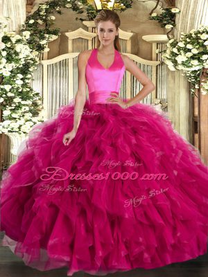 Decent Ruffles Ball Gown Prom Dress Fuchsia Lace Up Sleeveless Floor Length