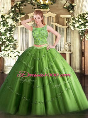 Custom Designed Green Two Pieces Scoop Sleeveless Tulle Floor Length Lace Up Beading and Appliques Quinceanera Dresses