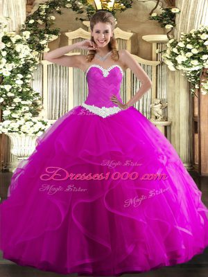 Exceptional Fuchsia Ball Gowns Sweetheart Sleeveless Tulle Floor Length Lace Up Appliques and Ruffles Quinceanera Dresses