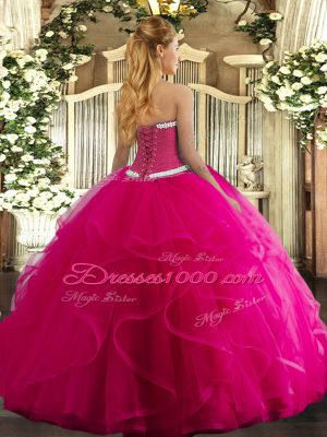 Exceptional Fuchsia Ball Gowns Sweetheart Sleeveless Tulle Floor Length Lace Up Appliques and Ruffles Quinceanera Dresses