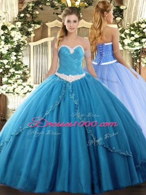 Baby Blue Sleeveless Appliques Lace Up Quinceanera Dress