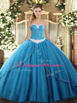 Baby Blue Sleeveless Appliques Lace Up Quinceanera Dress