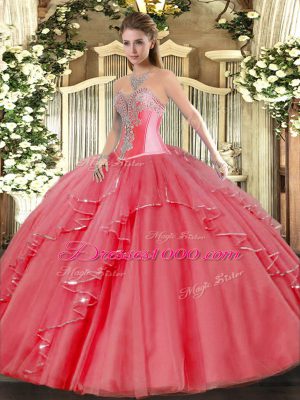 Captivating Sleeveless Floor Length Beading and Ruffles Lace Up Sweet 16 Dresses with Coral Red
