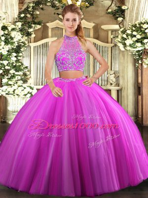 Tulle Sleeveless Floor Length Quinceanera Gown and Beading
